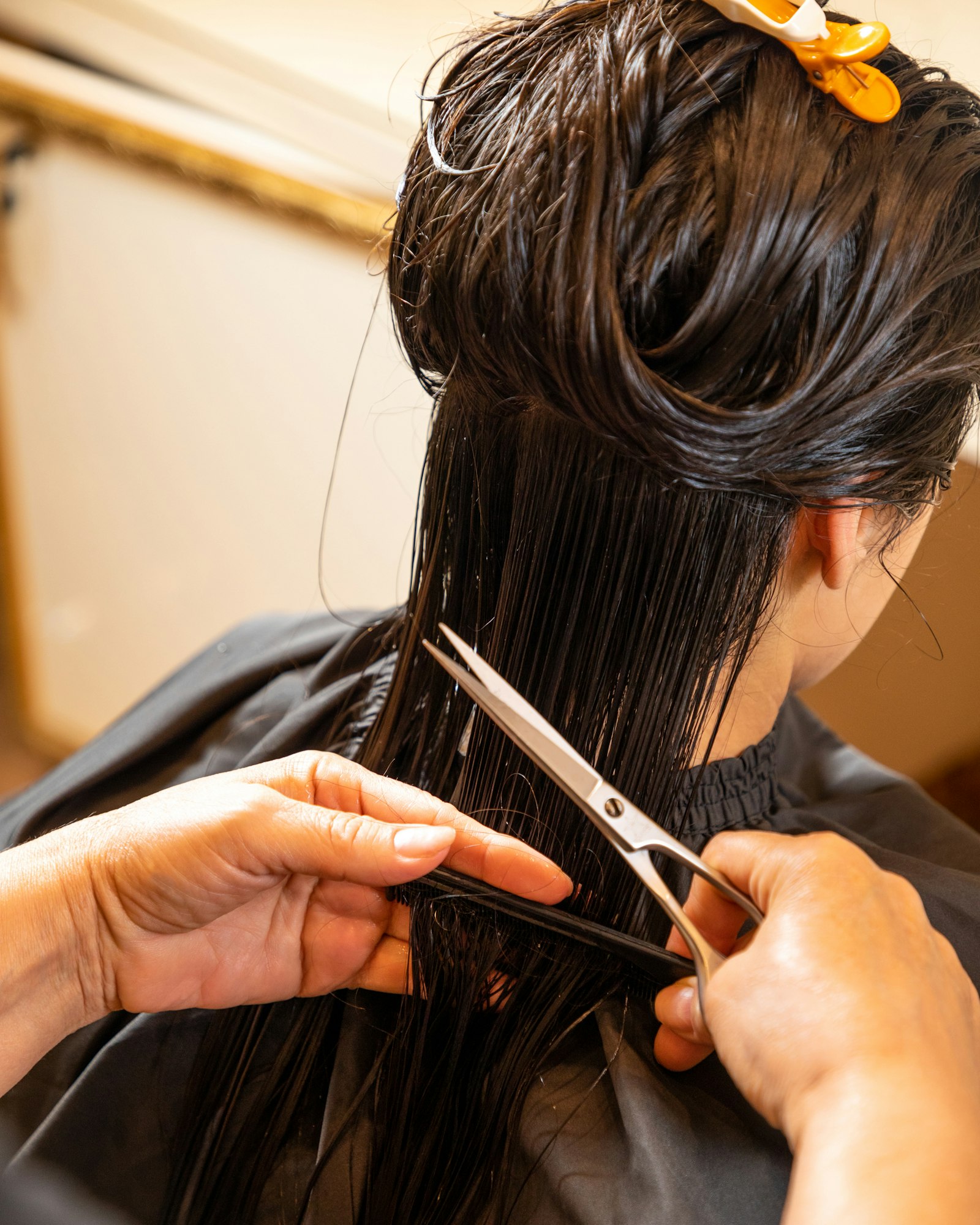 Stylist cutting hair with scissors